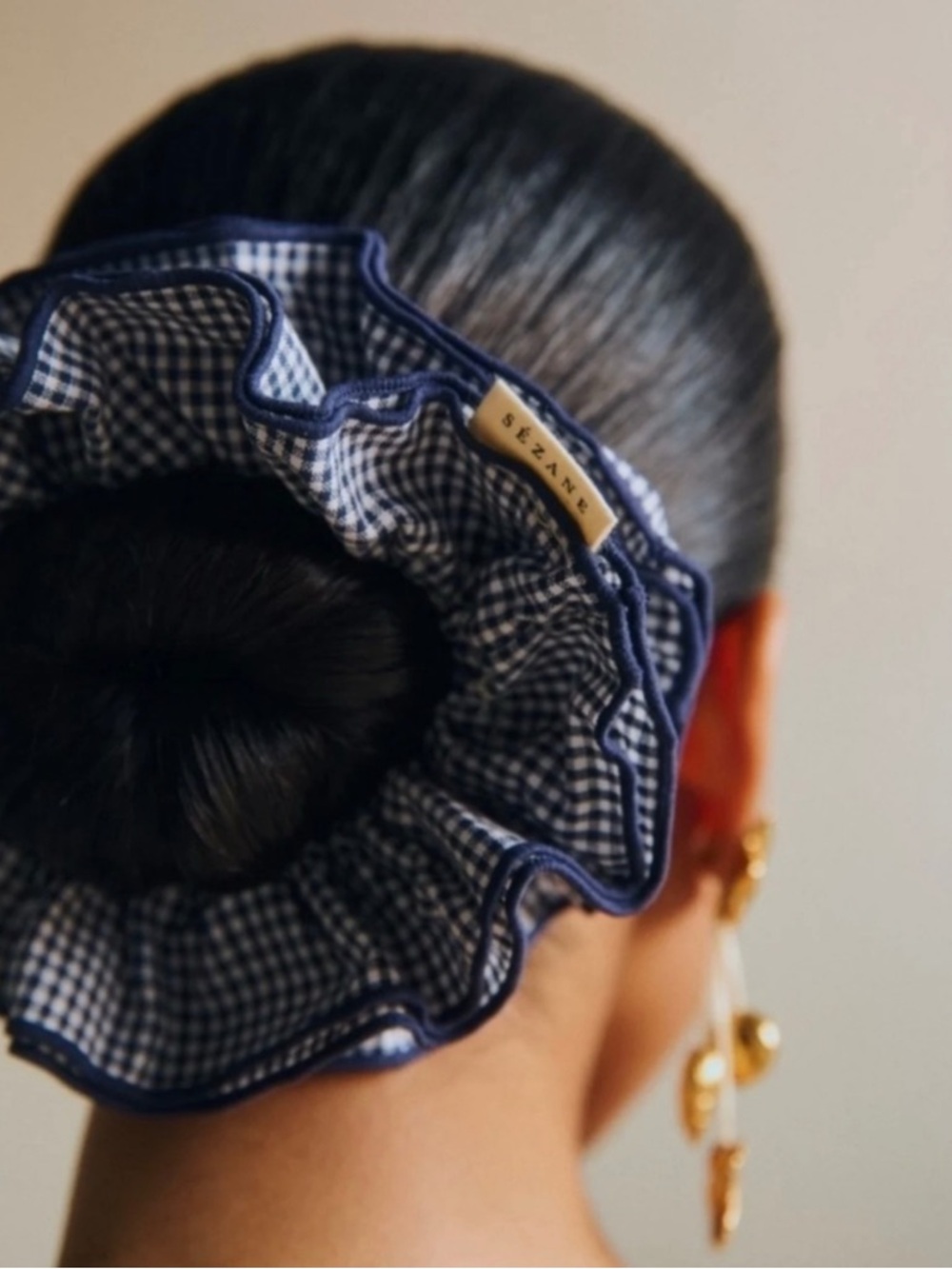 Sezane Navy and White Maxi Gingham Ruffle Scrunchie